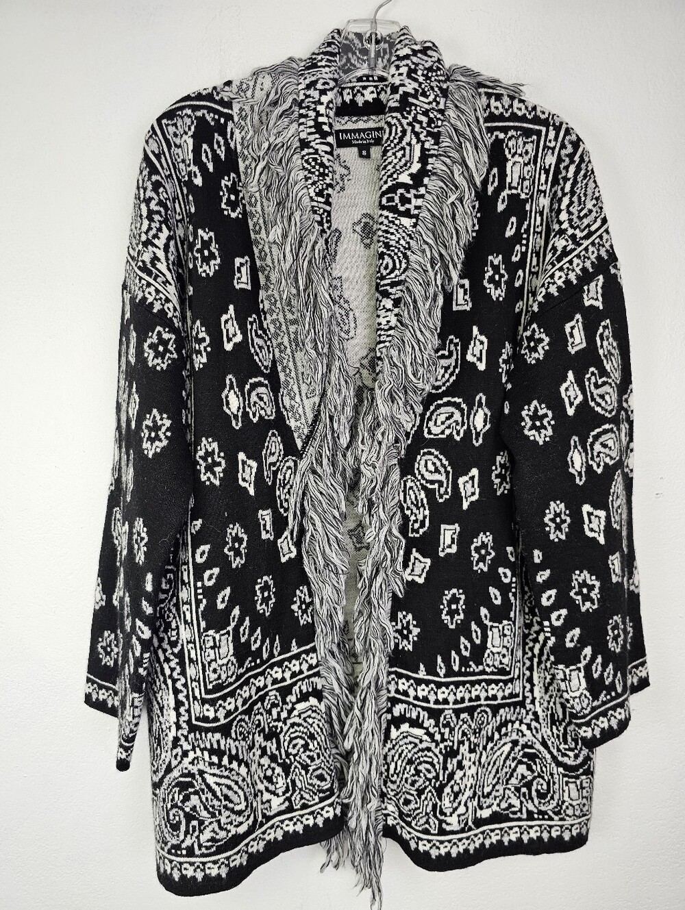 Western Country Black White Italian Wool Alpaca Fringed Open Cardigan Sz S Boho